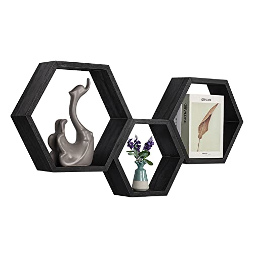 Black Hexagon Shelves Floating Honeycomb Shelves Set of 3 Wall Storage Shelf Bedroom Floating Shleves for Wall Decor Hexagonal Wood Shelves Wall Mount Display Geometric Hanging Rack for Living Room