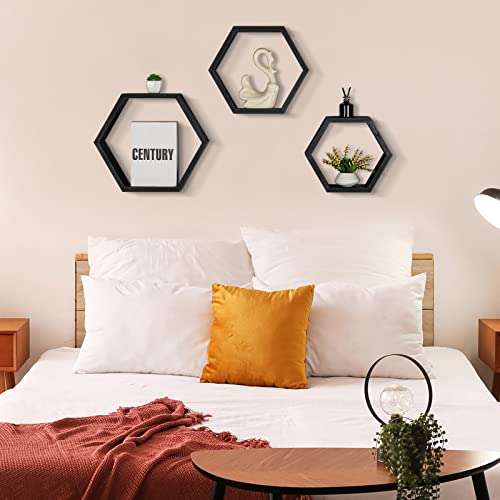 YBING Hexagon Floating Shelves Wall Mounted Black Hexagon Shelves for Wall Set of 3 Wood Honeycomb Shelves for Living Room Farmhouse Decor Wall Hexagon Home Decor Storage Shelves for Bedroom Office