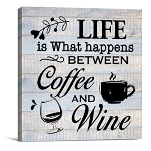 coffee wine sign wall art prints canvas painting rustic life is what happens between coffee and wine print country home kitchen wine bar decor 8″ x 8″