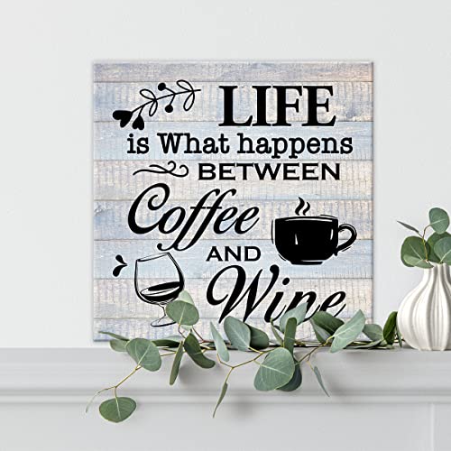 Coffee Wine Sign Wall Art Prints Canvas Painting Rustic Life is What Happens Between Coffee and Wine Print Country Home Kitchen Wine Bar Decor 8" x 8"