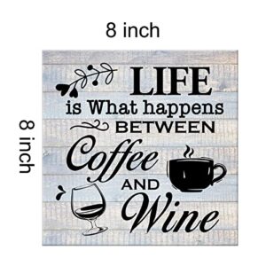 Coffee Wine Sign Wall Art Prints Canvas Painting Rustic Life is What Happens Between Coffee and Wine Print Country Home Kitchen Wine Bar Decor 8" x 8"