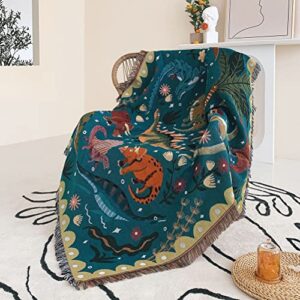 tiowik dinosaur animal throw woven blanket with tassel for home decoration chair couch sofa bed beach travel picnic cloth tapestry shawl cozy cotton (navy blue 63×51 inches)