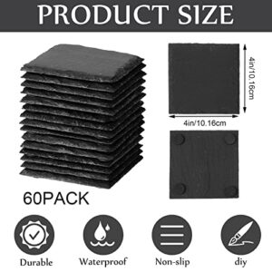 60 Pieces Slate Coasters Bulk, 4 x 4 Inch Black Stone Coasters Square Cup Coasters Set Handmade Drink Coasters Bar Coasters with Anti Scratch Bottom for Coffee Table Kitchen Home
