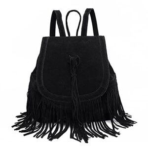 womens bucket bag drawstring faux suede tassel crossbody shoulder backpack (black)