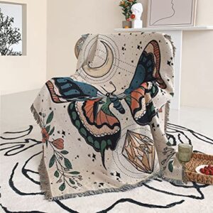 tiowik butterfly throw woven blanket with tassel for home decoration chair couch sofa bed beach travel picnic cloth tapestry shawl cozy cotton (white 63×51 inches)