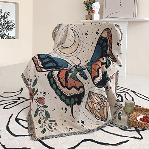 tiowik Butterfly Throw Woven Blanket with Tassel for Home Decoration Chair Couch Sofa Bed Beach Travel Picnic Cloth Tapestry Shawl Cozy Cotton (White 63×51 Inches)