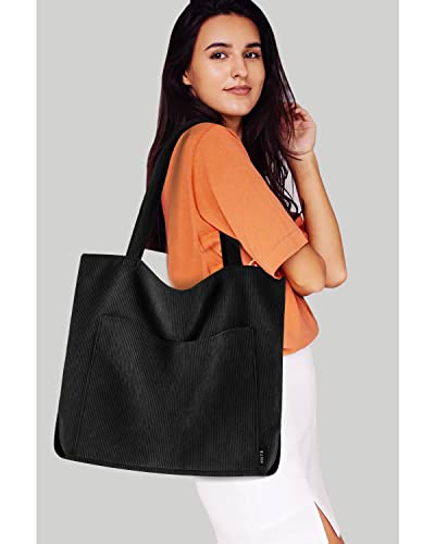 Prite Corduroy Tote Bag for Women Large Shoulder Bag with Zipper and Pockets for College School Work Travel Shopping (Black)