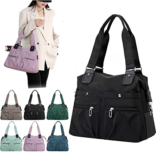 Multi Pocket Nylon Totes Handbag Waterproof Large Shoulder Bag Travel Purse Bags For Women (Black)