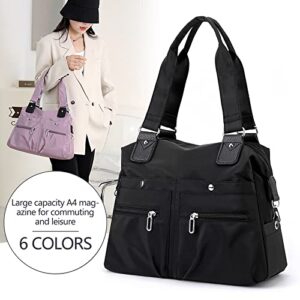 Multi Pocket Nylon Totes Handbag Waterproof Large Shoulder Bag Travel Purse Bags For Women (Black)