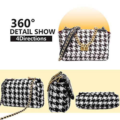 Women Houndstooth Shoulder Bag Ladies Fashion PU Leather Top Handle Woolen Cloth Crossbody Underarm Bag Satchel Purse Handbag (Coffee)