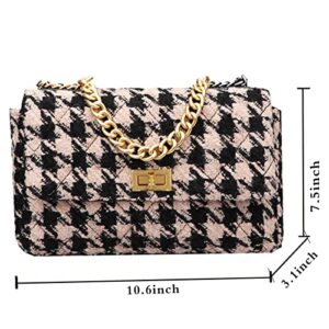 Women Houndstooth Shoulder Bag Ladies Fashion PU Leather Top Handle Woolen Cloth Crossbody Underarm Bag Satchel Purse Handbag (Coffee)