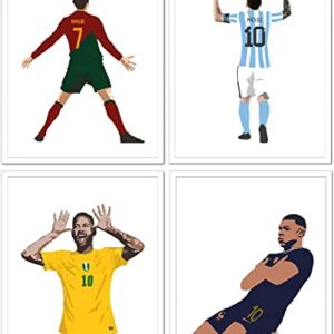 Football Star Cristiano Ronaldo and Lionel Messi Posters Wall Art, Neymar Kylian Mbappe Soccer Canvas Posters, World Cup Posters for Office Living Room Boys Room Man Cave Decor, Set of 4 (8"x10" Unframed)