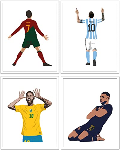 Football Star Cristiano Ronaldo and Lionel Messi Posters Wall Art, Neymar Kylian Mbappe Soccer Canvas Posters, World Cup Posters for Office Living Room Boys Room Man Cave Decor, Set of 4 (8"x10" Unframed)