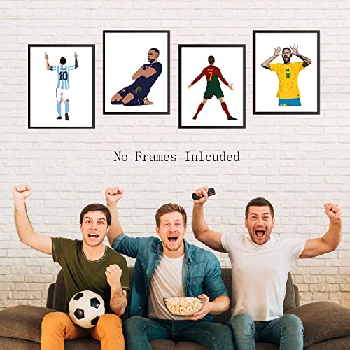 Football Star Cristiano Ronaldo and Lionel Messi Posters Wall Art, Neymar Kylian Mbappe Soccer Canvas Posters, World Cup Posters for Office Living Room Boys Room Man Cave Decor, Set of 4 (8"x10" Unframed)