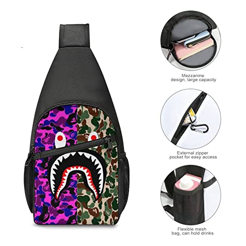 Cute Shoulder Backpack, Backpacking, Green And Red Camo Shark Teeth Art Crossbody Rucksack, Tote Bags, Gym Crossbody Sack Satchel Outdoor Hiking Bag for Man Women Lady Girl