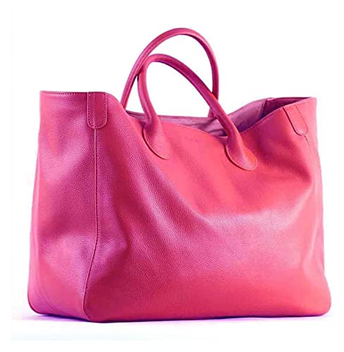 LOMDEM Oversize Tote Bag for Women Genuine Leather Handbags and Purses Cowhide Brown Large Shopper Bag Female Travel Handbag (Color : Hot Pink brown, Size : About 41cm-21cm-34cm)