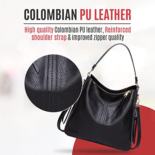 Ladies Designer Hand Bag Shoulder Tote Zipper Purse Colombian PU Leather Satchel Crossbody Bag, Hobo Bags for Women (Black)