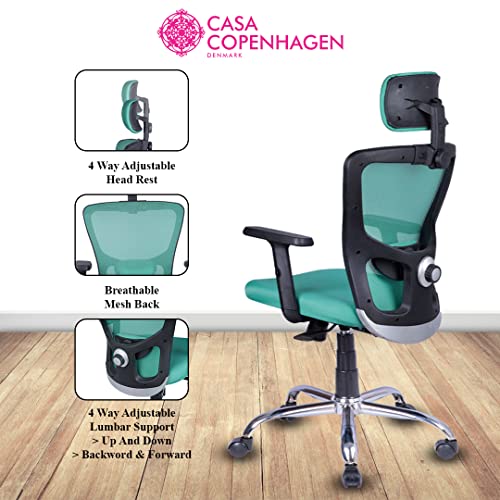 Casa Copenhagen California Chair with Adjustable Lumbar Support, High-Back Mesh Computer Chair - Headrest, Soft Sponge Cushion, Swivel Desk Task Chair for Work or Home - Teal