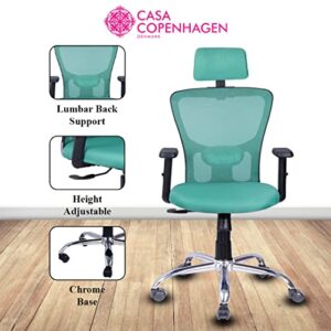 Casa Copenhagen California Chair with Adjustable Lumbar Support, High-Back Mesh Computer Chair - Headrest, Soft Sponge Cushion, Swivel Desk Task Chair for Work or Home - Teal