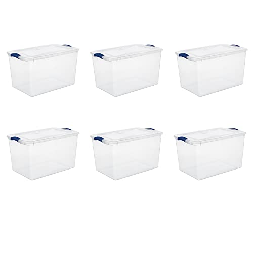 utipef 66 Qt. Latch Box Plastic,Plastic Storage Container Bin with Secure Lid and Latching Buckles, Durable Stackable Nestable Organizing Tote Tub Box Sports General,Stadium Blue, 6PCS