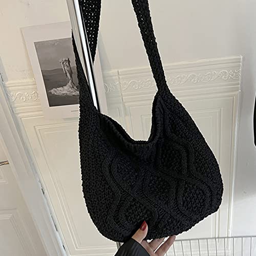 Knitted Shoulder Handbags Hand Crocheted Bags Large Woven Hobo Bag Tote Bag Aesthetic Canvas Tote Cute Tote Bags Black