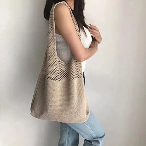 Crochet Tote Bag Knitted Shoulder Bag Vintage Hollow Out Handbag Tote Bag Aesthetic Crochet Hobo Bag Purse Brown