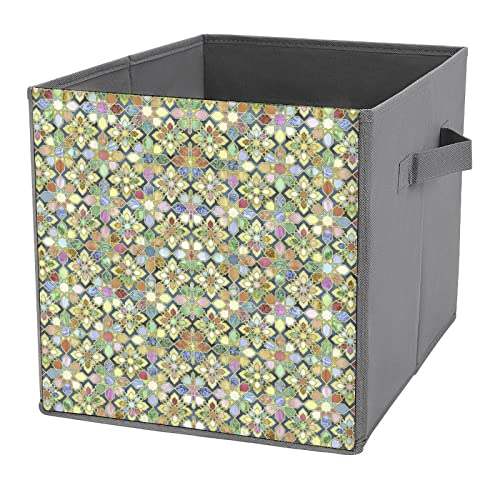 Gilded Moroccan Mosaic Tiles Foldable Storage Bins Printd Fabric Cube Baskets Boxes with Handles for Clothes Toys, 11x11x11