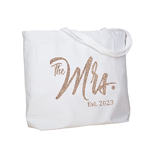 ELEGANTPARK Future The Mrs. EST. 2023 Personalized Bride Tote Wedding Bachelorette Bridal Shower Gifts Large Shoulder Bag White with Champagne Glitter