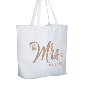 ELEGANTPARK Future The Mrs. EST. 2023 Personalized Bride Tote Wedding Bachelorette Bridal Shower Gifts Large Shoulder Bag White with Champagne Glitter