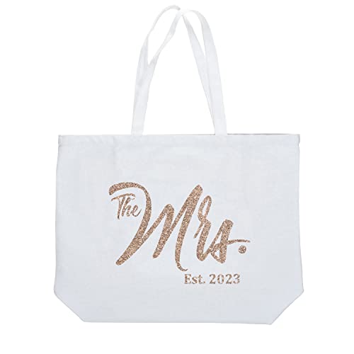 ELEGANTPARK Future The Mrs. EST. 2023 Personalized Bride Tote Wedding Bachelorette Bridal Shower Gifts Large Shoulder Bag White with Champagne Glitter