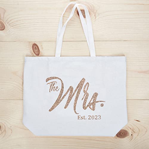 ELEGANTPARK Future The Mrs. EST. 2023 Personalized Bride Tote Wedding Bachelorette Bridal Shower Gifts Large Shoulder Bag White with Champagne Glitter