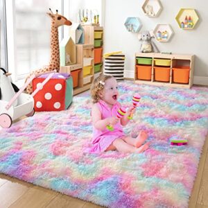 chicrug cute rainbow area rug for girls bedroom, 4×6 feet fluffy kids rug for room decor, shag soft dorm playroom rug, bedside rug for baby nursery room