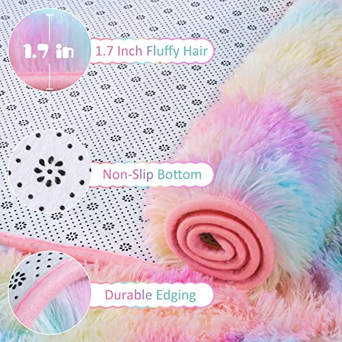 Chicrug Cute Rainbow Area Rug for Girls Bedroom, 4x6 Feet Fluffy Kids Rug for Room Decor, Shag Soft Dorm Playroom Rug, Bedside Rug for Baby Nursery Room