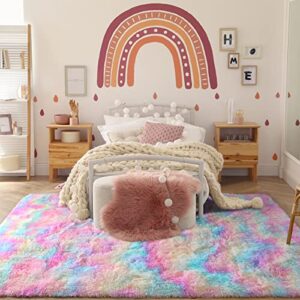 Chicrug Cute Rainbow Area Rug for Girls Bedroom, 4x6 Feet Fluffy Kids Rug for Room Decor, Shag Soft Dorm Playroom Rug, Bedside Rug for Baby Nursery Room