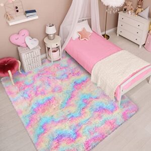 Chicrug Cute Rainbow Area Rug for Girls Bedroom, 4x6 Feet Fluffy Kids Rug for Room Decor, Shag Soft Dorm Playroom Rug, Bedside Rug for Baby Nursery Room