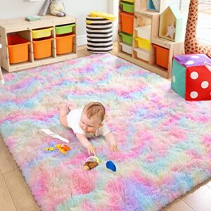 Chicrug Cute Rainbow Area Rug for Girls Bedroom, 4x6 Feet Fluffy Kids Rug for Room Decor, Shag Soft Dorm Playroom Rug, Bedside Rug for Baby Nursery Room