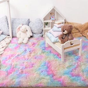 Chicrug Cute Rainbow Area Rug for Girls Bedroom, 4x6 Feet Fluffy Kids Rug for Room Decor, Shag Soft Dorm Playroom Rug, Bedside Rug for Baby Nursery Room