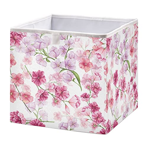 Kigai Pink Purple Flowers Cube Storage Bins - 11x11x11 in Large Foldable Cubes Organizer Storage Basket for Home Office, Nursery, Shelf, Closet