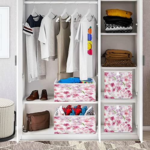 Kigai Pink Purple Flowers Cube Storage Bins - 11x11x11 in Large Foldable Cubes Organizer Storage Basket for Home Office, Nursery, Shelf, Closet