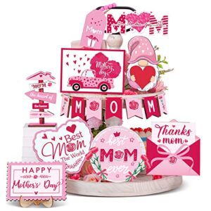 16 pcs mother’s day heart tiered tray decor happy mother’s day wooden sign gnome truck mom letters wooden decor mothers day table decorations for mother’s gift party supplies (heart style)