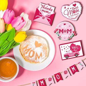 16 Pcs Mother's Day Heart Tiered Tray Decor Happy Mother's Day Wooden Sign Gnome Truck Mom Letters Wooden Decor Mothers Day Table Decorations for Mother's Gift Party Supplies (Heart Style)