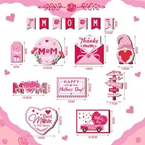 16 Pcs Mother's Day Heart Tiered Tray Decor Happy Mother's Day Wooden Sign Gnome Truck Mom Letters Wooden Decor Mothers Day Table Decorations for Mother's Gift Party Supplies (Heart Style)