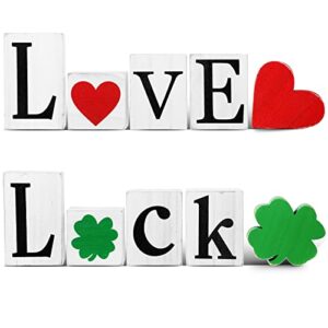 glenmal 6 pieces st. patrick’s day table clover signs set farmhouse st. patrick’s day wood sign double side four leaf clover heart block wooden luck tiered tray decor for kitchen mantle office decor