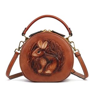 aytotoro women designer circular handbag genuine leather ladies bunny round crossbody purse top handle satchel shoulder bag (brown)