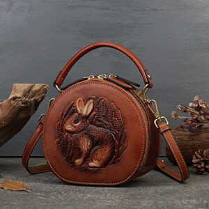 AyTotoro Women Designer Circular Handbag Genuine Leather Ladies Bunny Round Crossbody Purse Top Handle Satchel Shoulder Bag (Brown)