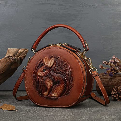 AyTotoro Women Designer Circular Handbag Genuine Leather Ladies Bunny Round Crossbody Purse Top Handle Satchel Shoulder Bag (Brown)