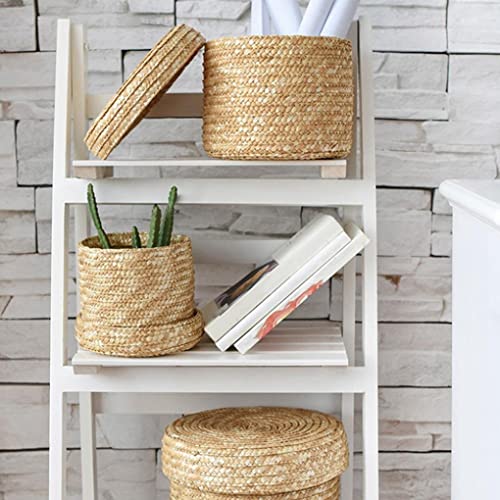 KUYYFDS 3pcs Straw Storage Baskets with Lid Woven Organizer Round Finishing Storage Box for Bedroom Living Room Laundry Snack(S M L) Shelf Baskets