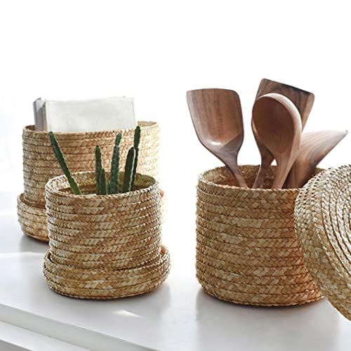 KUYYFDS 3pcs Straw Storage Baskets with Lid Woven Organizer Round Finishing Storage Box for Bedroom Living Room Laundry Snack(S M L) Shelf Baskets