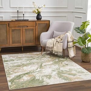 liverpool modern abstract bedroom living room area rug – boho carpet – contemporary bohemian farmhouse – green, brown, cream, off white – 5’3″ x 7′