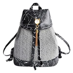 drawstring small backpack bag women pattern cover stone backpack tassel lock mini backpacks for (black-b, one size)